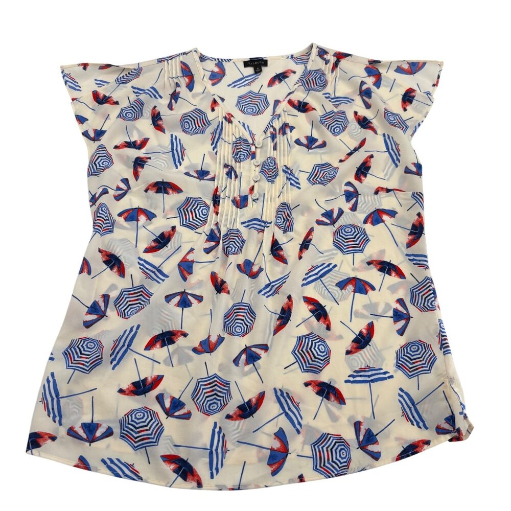 Talbots Women's Top Size Small Umbrella Print Short Cap Sleeve White blue red